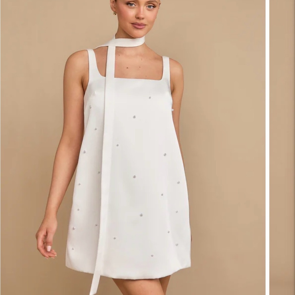 Six Stories White Mini Scattered Pearl Dress with Scarf